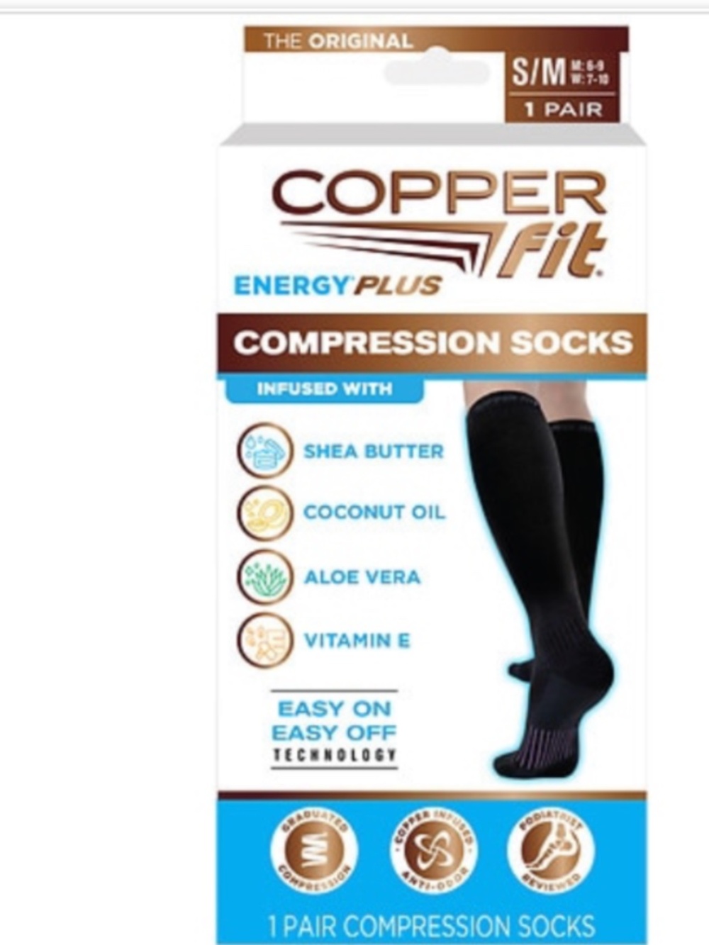 Copper Fit Energy Plus Compression Sock, Infused Hydrating Socks, S/M Unisex NWB